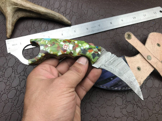Custom Handmade Best Damascus Karambit 8" Damascus Steel Karambit Knife with Resin Handle