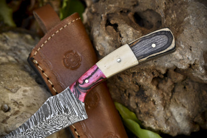 Compact Twist Damascus Skinner Knife Bone Wood Handle Micarta Bolster Gift Blade