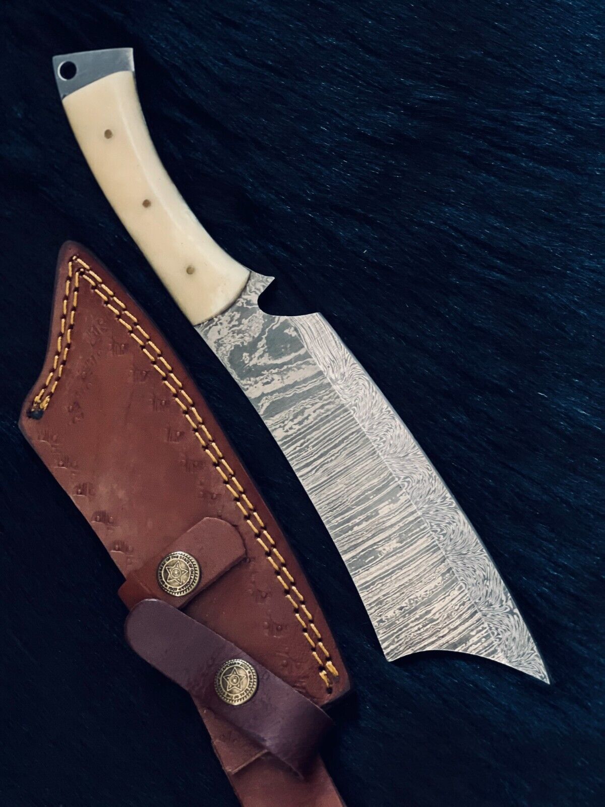 Heritage Forge 11 Inch Fire Damascus Steel Machete Knife with Camel Bone Handle