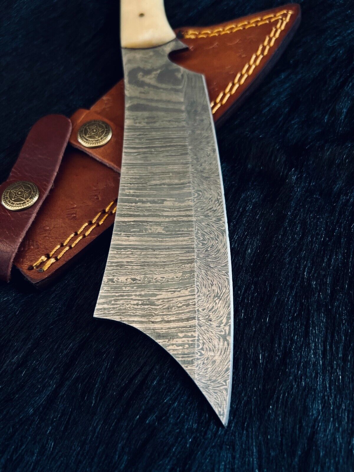 Heritage Forge 11 Inch Fire Damascus Steel Machete Knife with Camel Bone Handle