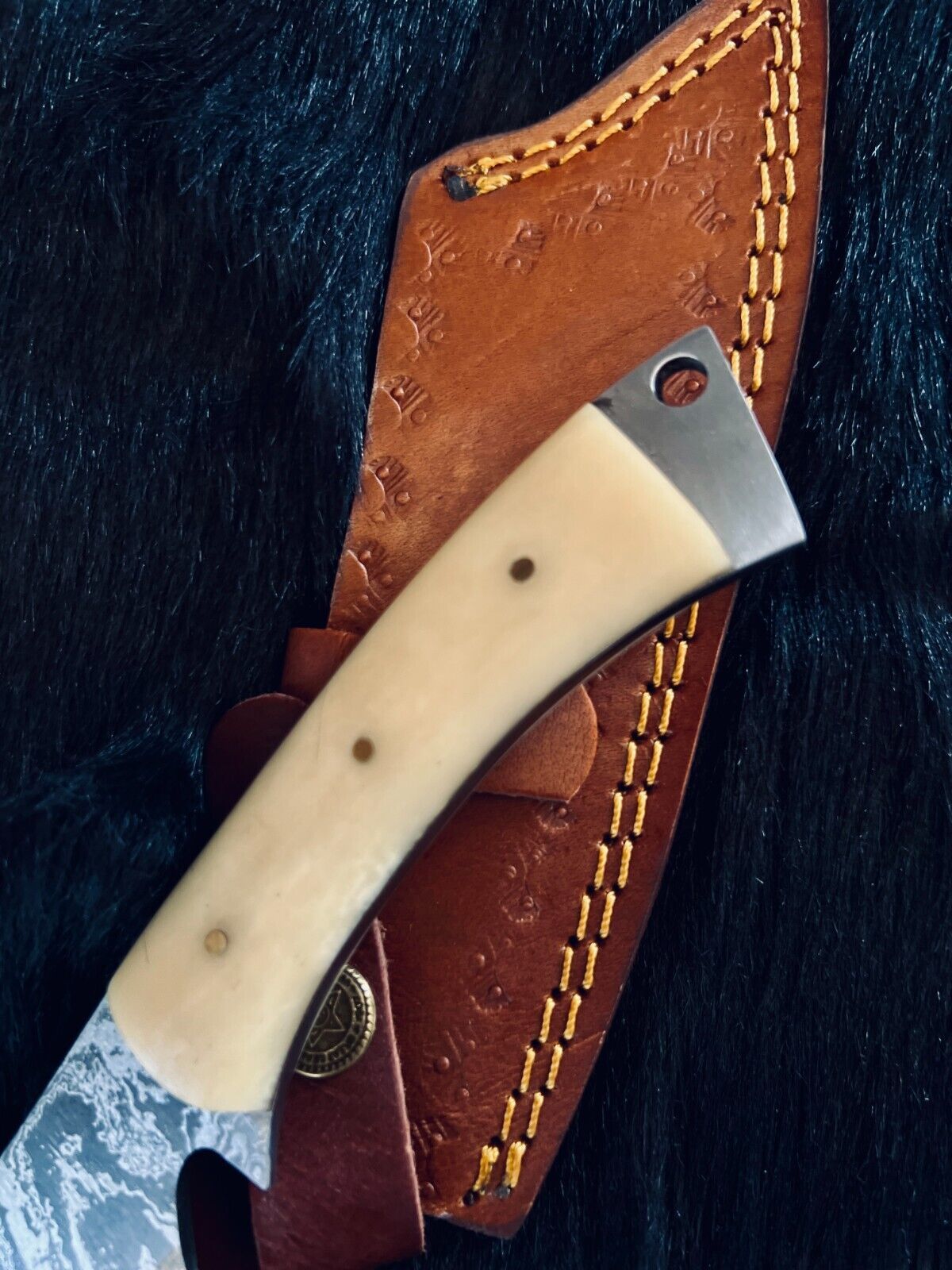 Heritage Forge 11 Inch Fire Damascus Steel Machete Knife with Camel Bone Handle