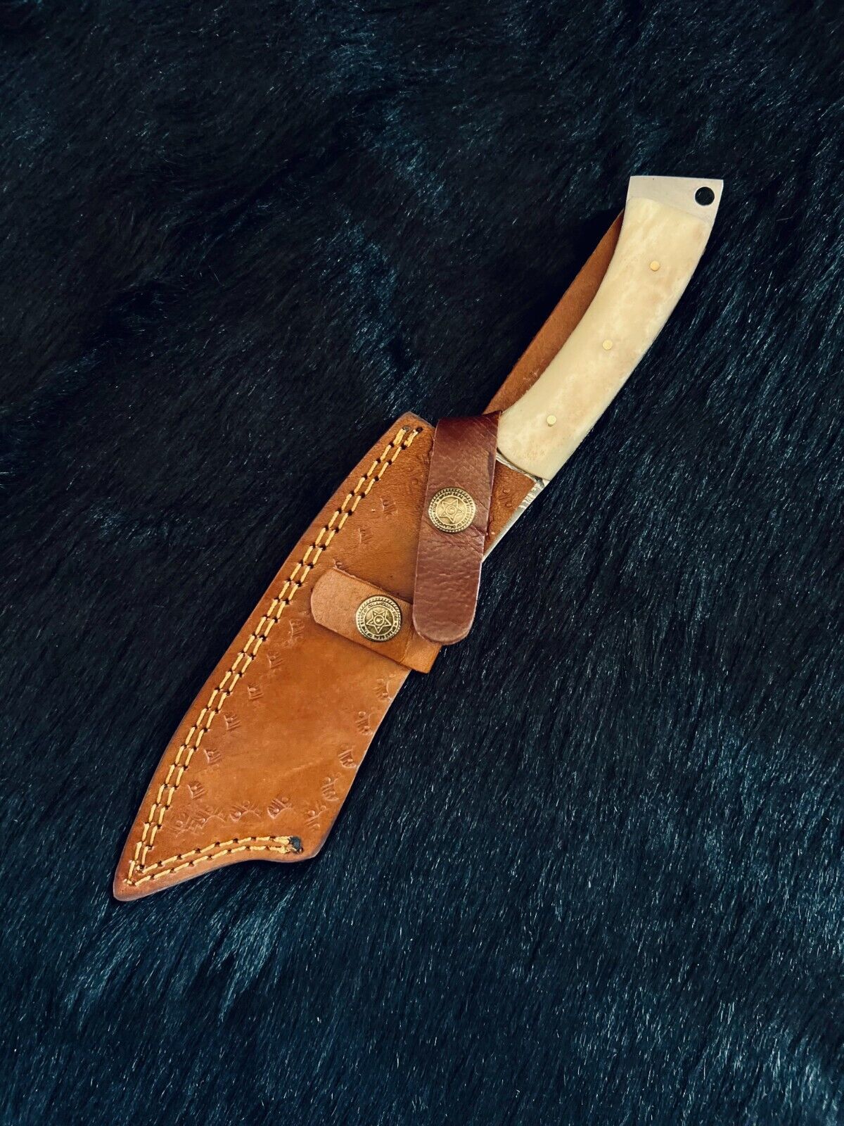Heritage Forge 11 Inch Fire Damascus Steel Machete Knife with Camel Bone Handle