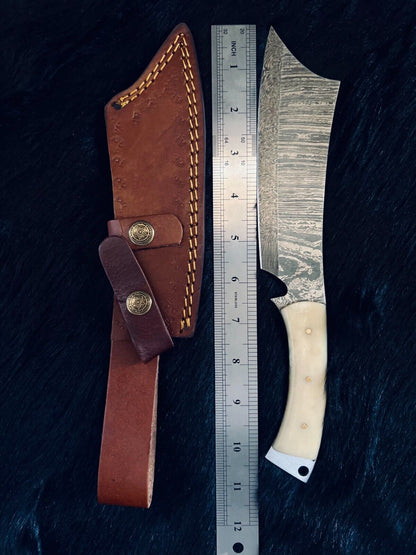 Heritage Forge 11 Inch Fire Damascus Steel Machete Knife with Camel Bone Handle