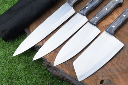 4 PCS Handmade J2 Steel Chef Knife Set with Roll Bag – Kitchen Use