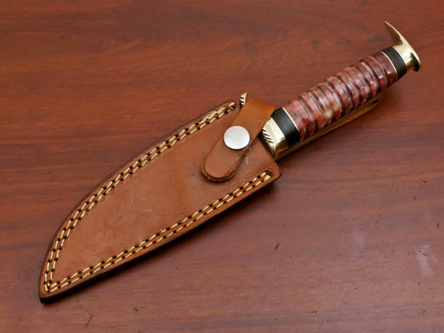 9 Inch Damascus Steel Hunting Bowie Knife with Camel Bone and Pakka Wood Handle Brass Guard