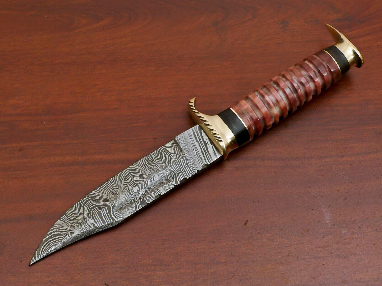 9 Inch Damascus Steel Hunting Bowie Knife with Camel Bone and Pakka Wood Handle Brass Guard