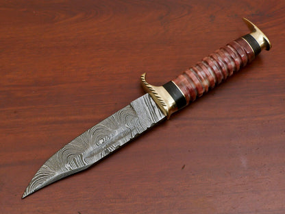 9 Inch Damascus Steel Hunting Bowie Knife with Camel Bone and Pakka Wood Handle Brass Guard