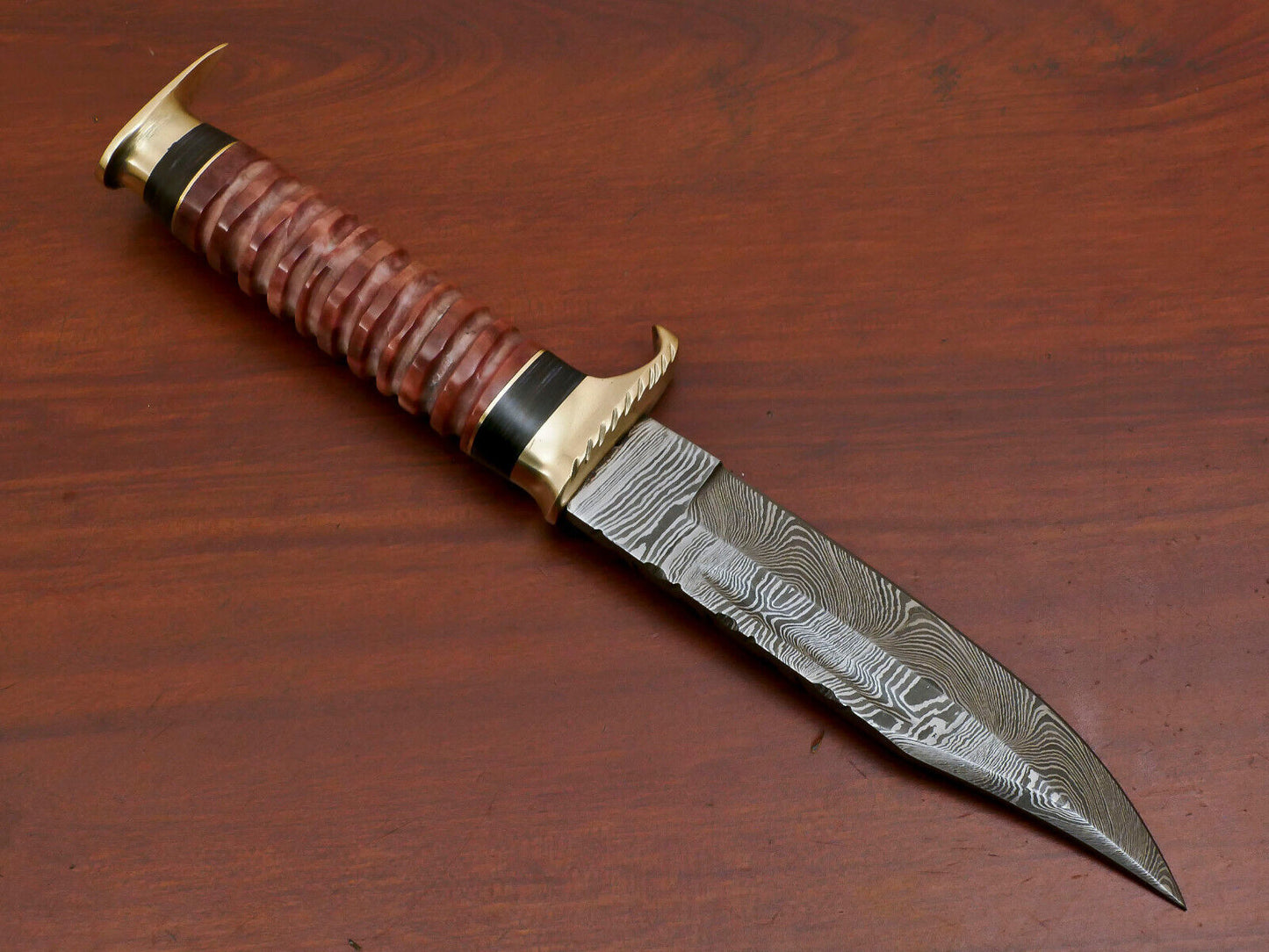 9 Inch Damascus Steel Hunting Bowie Knife with Camel Bone and Pakka Wood Handle Brass Guard
