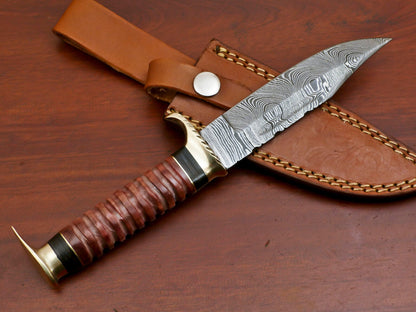 9 Inch Damascus Steel Hunting Bowie Knife with Camel Bone and Pakka Wood Handle Brass Guard