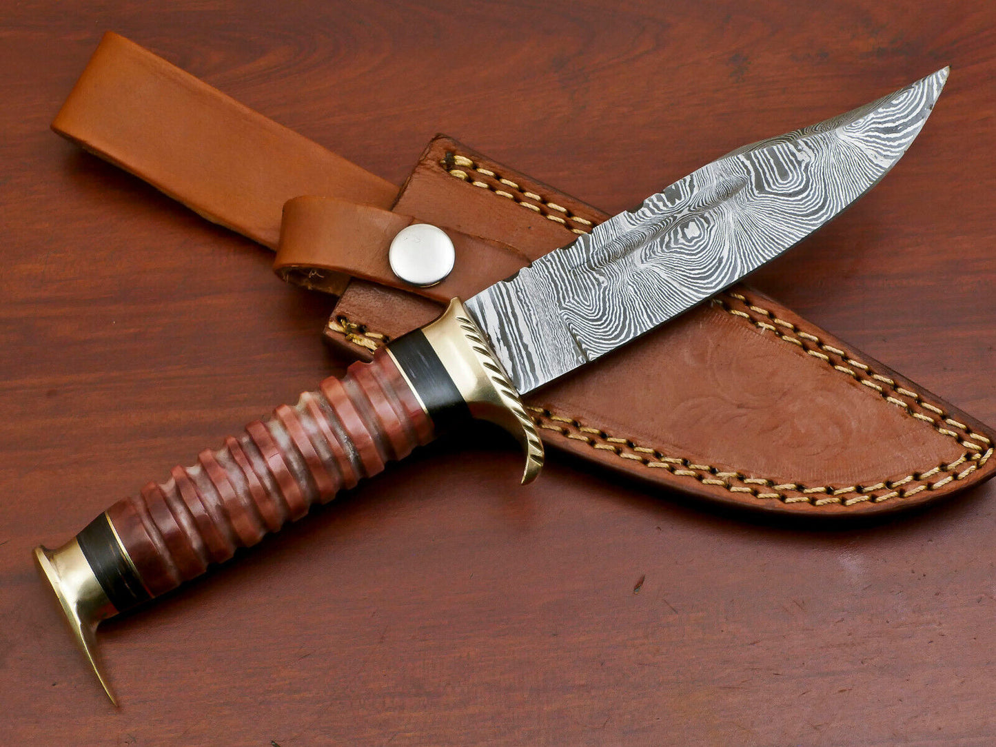 9 Inch Damascus Steel Hunting Bowie Knife with Camel Bone and Pakka Wood Handle Brass Guard