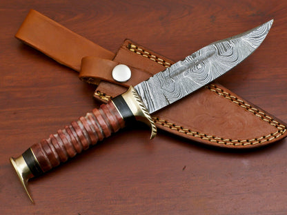 9 Inch Damascus Steel Hunting Bowie Knife with Camel Bone and Pakka Wood Handle Brass Guard