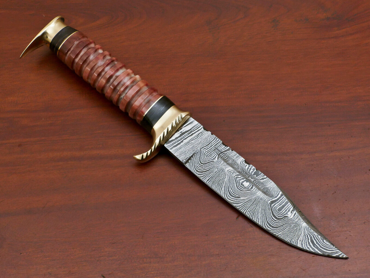 9 Inch Damascus Steel Hunting Bowie Knife with Camel Bone and Pakka Wood Handle Brass Guard