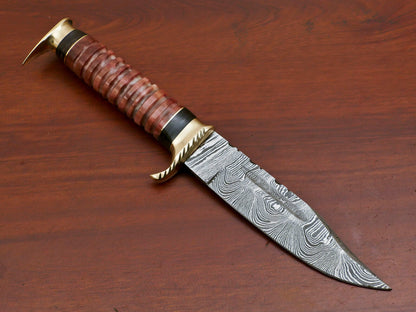 9 Inch Damascus Steel Hunting Bowie Knife with Camel Bone and Pakka Wood Handle Brass Guard
