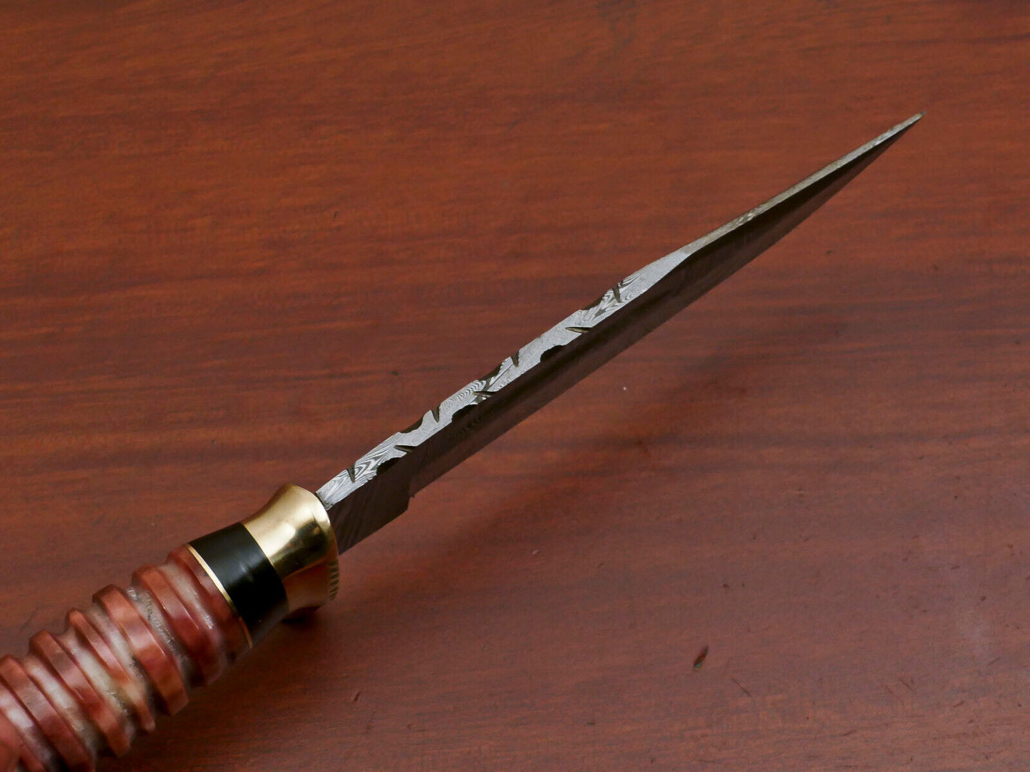 9 Inch Damascus Steel Hunting Bowie Knife with Camel Bone and Pakka Wood Handle Brass Guard
