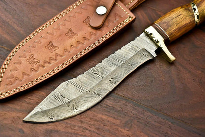 12" Handmade Damascus Steel Bowie Knife with Walnut Wood Handle