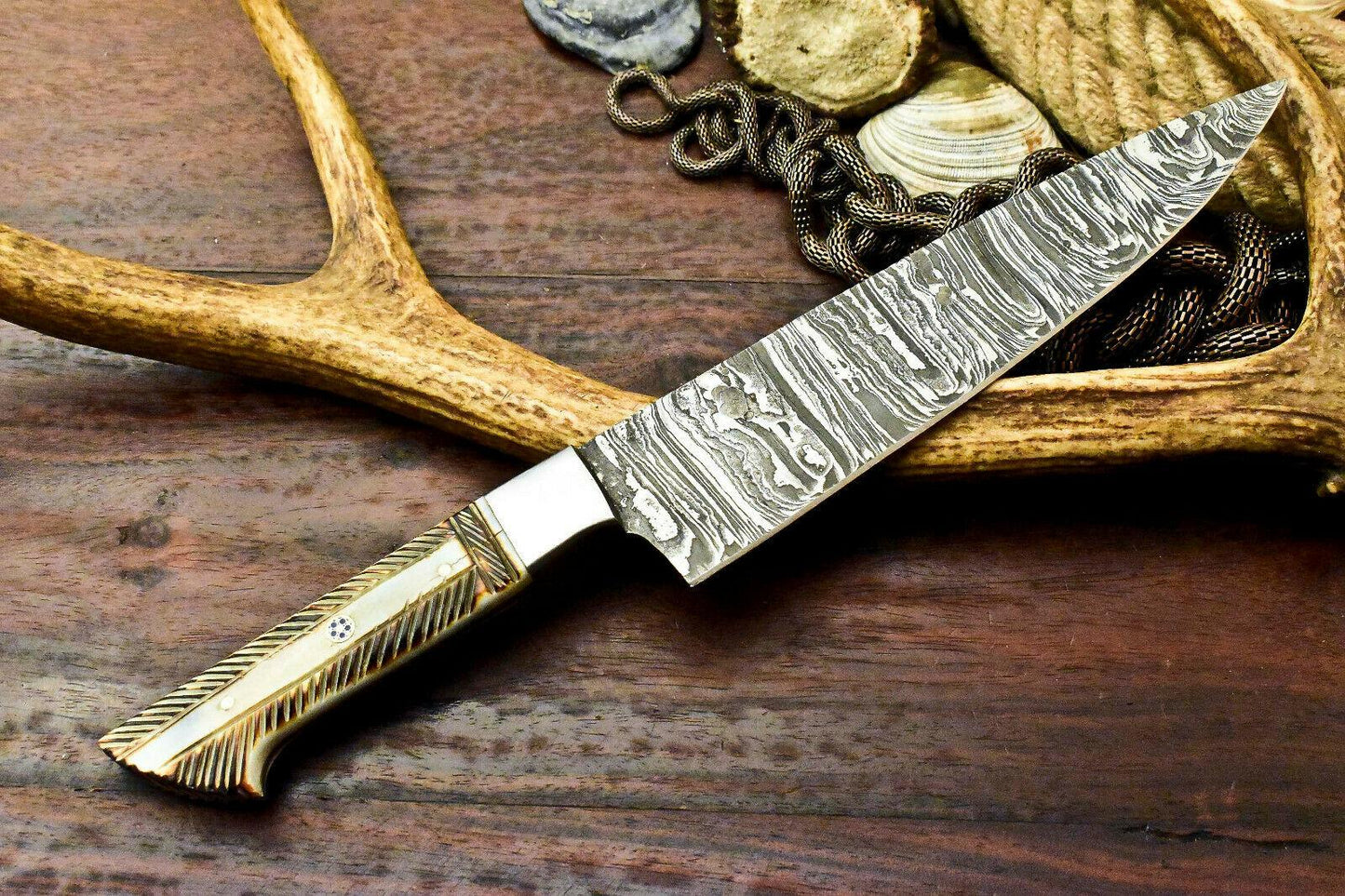 Custom Handmade Damascus Steel Chef Knife with Camel Bone Handle, Full Tang, 7.5-Inch Blade, 12.5-Inch Overall, 384-Layer Forged Damascus, Oil-Tempered 58-60 HRC