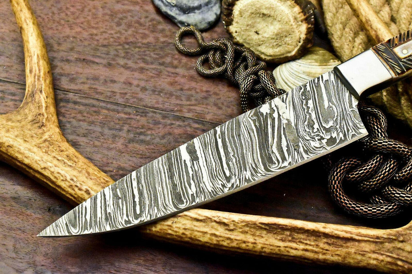 Custom Handmade Damascus Steel Chef Knife with Camel Bone Handle, Full Tang, 7.5-Inch Blade, 12.5-Inch Overall, 384-Layer Forged Damascus, Oil-Tempered 58-60 HRC