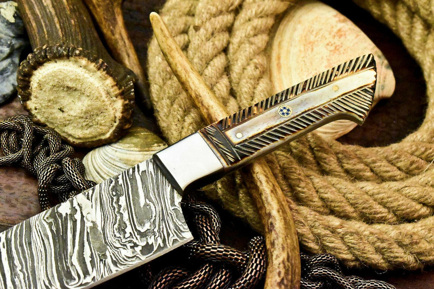 Custom Handmade Damascus Steel Chef Knife with Camel Bone Handle, Full Tang, 7.5-Inch Blade, 12.5-Inch Overall, 384-Layer Forged Damascus, Oil-Tempered 58-60 HRC