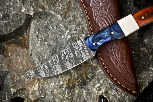 Twist Damascus Skinner Knife with Bone and Wood Handle for Hiking and Hunting