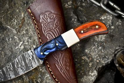 Twist Damascus Skinner Knife with Bone and Wood Handle for Hiking and Hunting