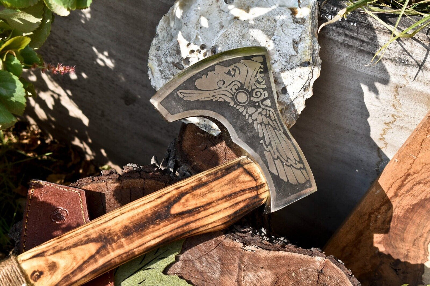 Handmade High Carbon Steel Viking Battle Axe with Etched Blade & Walnut Wood Handle