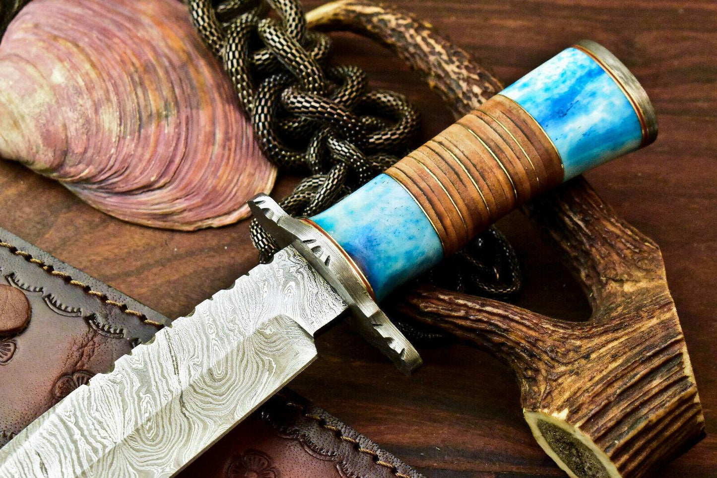 11.5" Handmade Damascus Bowie Hunting Knife | Stained Camel Bone Handle
