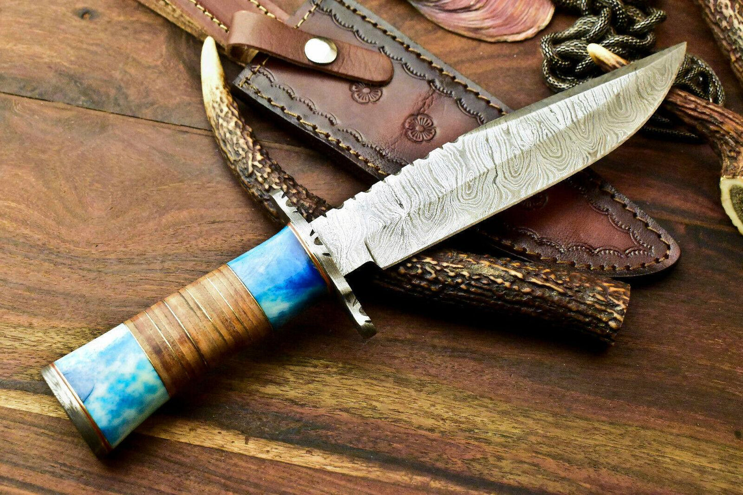 11.5" Handmade Damascus Bowie Hunting Knife | Stained Camel Bone Handle
