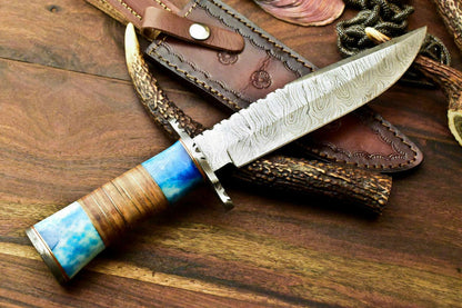 11.5" Handmade Damascus Bowie Hunting Knife | Stained Camel Bone Handle
