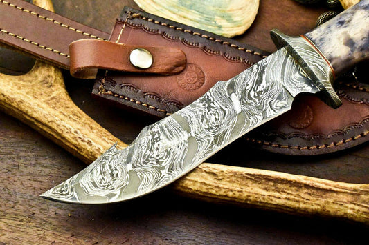 12" Damascus Steel Bowie Hunting Knife | Stained Camel Bone Handle