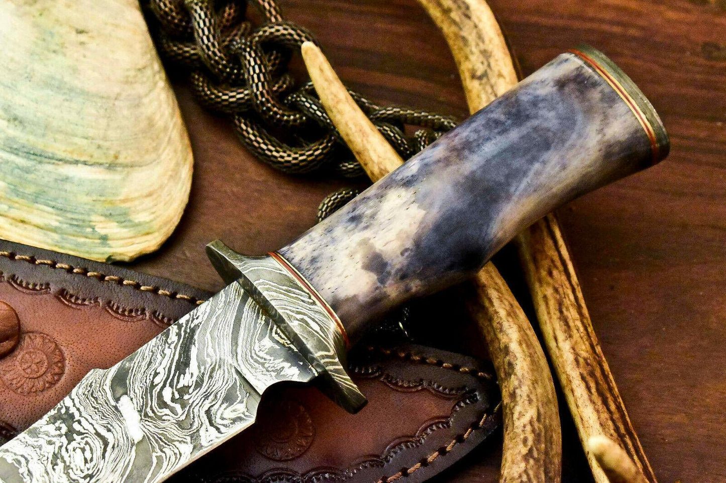 12" Damascus Steel Bowie Hunting Knife | Stained Camel Bone Handle