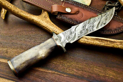 12" Damascus Steel Bowie Hunting Knife | Stained Camel Bone Handle