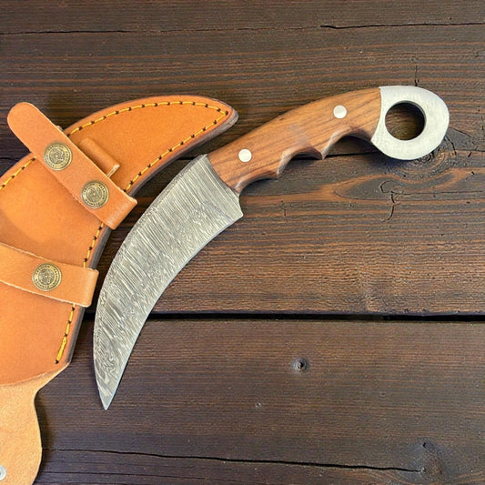 9" Damascus Karambit Damascus Steel Karambit Hunting Knife With Wood Handle and Sheath
