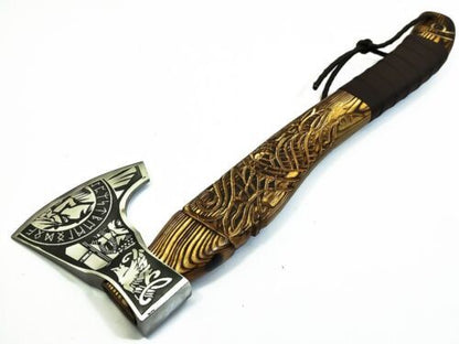 19 Inch Hand Forged Viking Throwing Axe with Carved Ashwood Handle and Leather Sheath