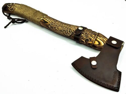 19 Inch Hand Forged Viking Throwing Axe with Carved Ashwood Handle and Leather Sheath