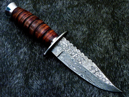 Damascus Steel Bowie Knife – 10 Inch Handmade Hunting Blade with Leather Handle