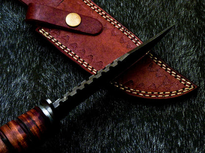 Damascus Steel Bowie Knife – 10 Inch Handmade Hunting Blade with Leather Handle