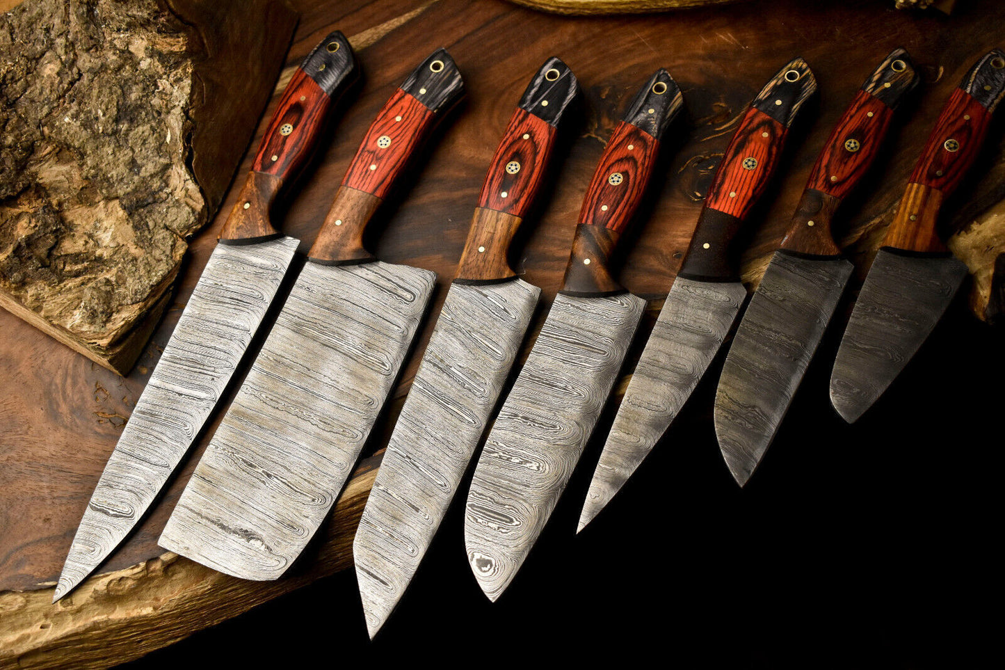 Lot of 7 Handmade Damascus Steel Chef Knives Set Full Tang Kitchen Knife Set