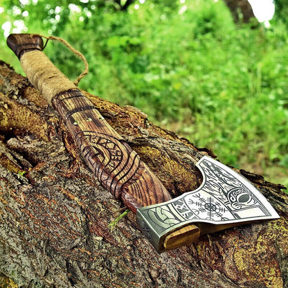 andmade Carbon Steel Viking Axe Hatchet Integral Throwing Tomahawk with Leather Sheath