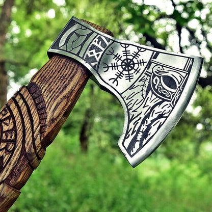 andmade Carbon Steel Viking Axe Hatchet Integral Throwing Tomahawk with Leather Sheath