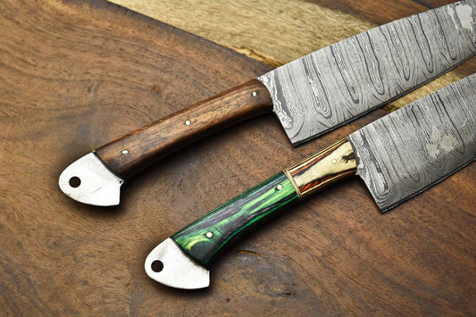 Lot of 2 Handmade Damascus Steel Chef Knives | Full Tang Set