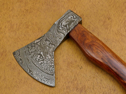 Custom Hand-Forged Damascus Tomahawk Axe with Walnut Handle and Leather Sheath