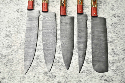 Lot of 5 Handmade Damascus Steel Full Tang Chef Knife Set | Hard Wood
