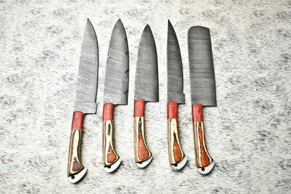 Lot of 5 Handmade Damascus Steel Full Tang Chef Knife Set | Hard Wood