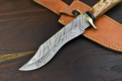 12.5" Damascus Steel Wildlife Bowie Knife with Olive Wood Handle