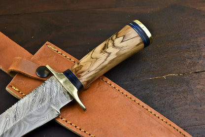 12.5" Damascus Steel Wildlife Bowie Knife with Olive Wood Handle
