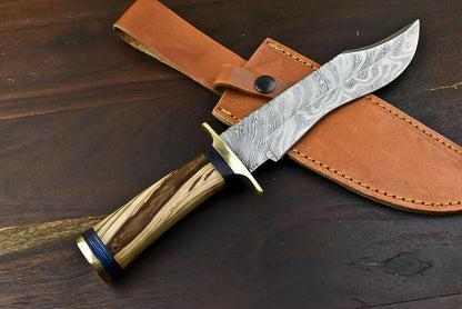 12.5" Damascus Steel Wildlife Bowie Knife with Olive Wood Handle