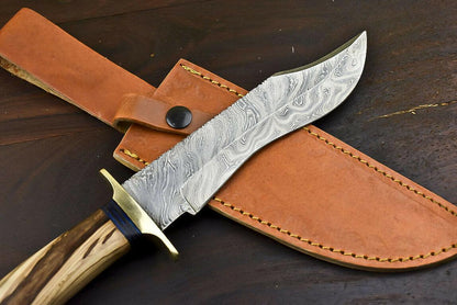 12.5" Damascus Steel Wildlife Bowie Knife with Olive Wood Handle