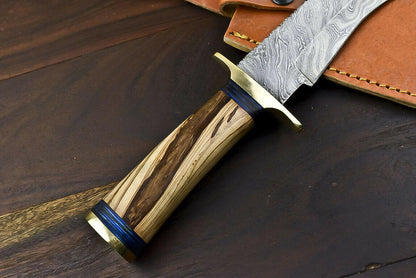 12.5" Damascus Steel Wildlife Bowie Knife with Olive Wood Handle