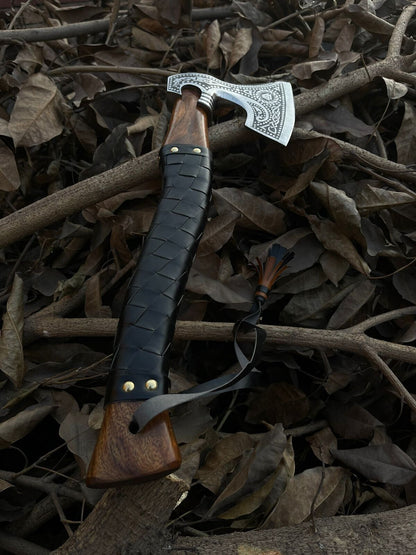 Handmade Viking Axe 18 Inch Hand Forged Carbon Steel with Leather Wrapped Rosewood Handle