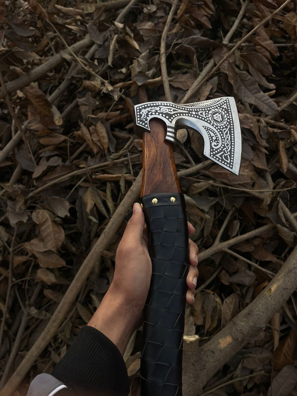 Handmade Viking Axe 18 Inch Hand Forged Carbon Steel with Leather Wrapped Rosewood Handle